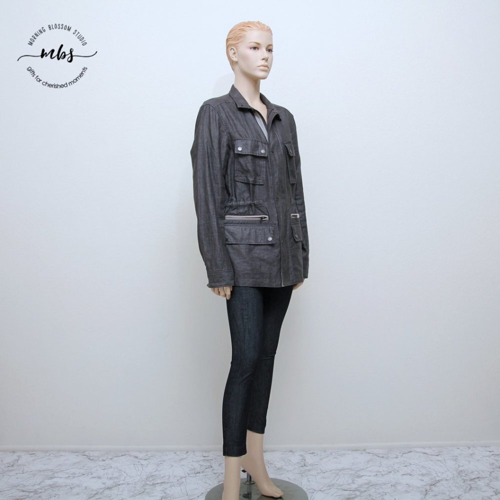 Theory Haben Utility Linen Tie Waist Jacket Zip Front‎ Pockets Gray Women S